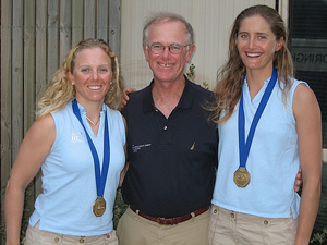 Erin Maxwell and Isabelle Kinsolving, shown here with coach Skip Whyte, won the 2008 Women’s 470 World Championship in Australia.